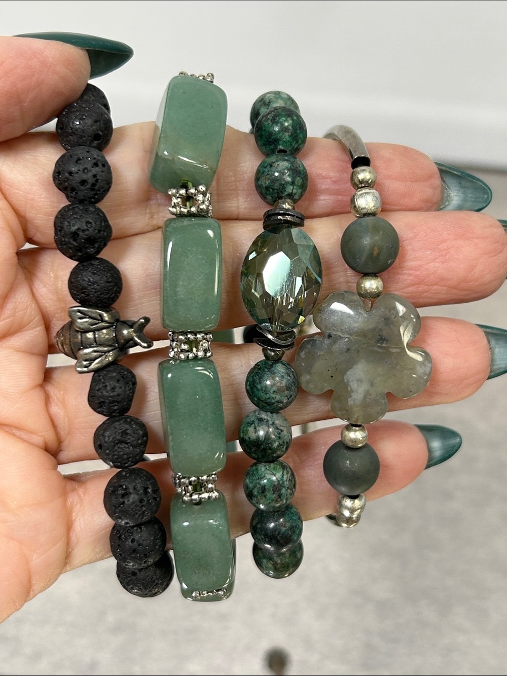 Bundle of Green Stone Bead Stretch Bracelets